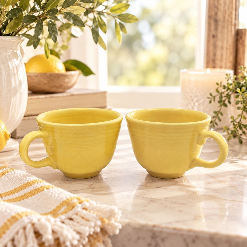 Vintage Yellow Ceramic Mugs Set of 2 Sunny Cottage Kitchen Coffee Cups